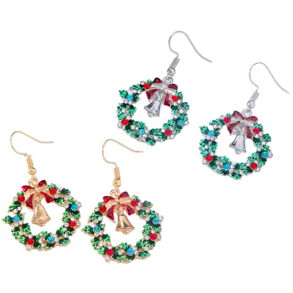 🌼 Christmas Earrings Wreath with Bell Charm Gold or Silver Tone